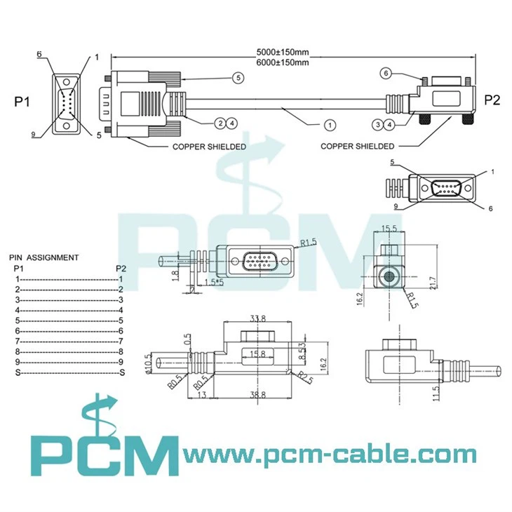 dimensions pin assignment drawing of D-Sub Cable DB9 RS232 Serial Cabe Male to female left right angle