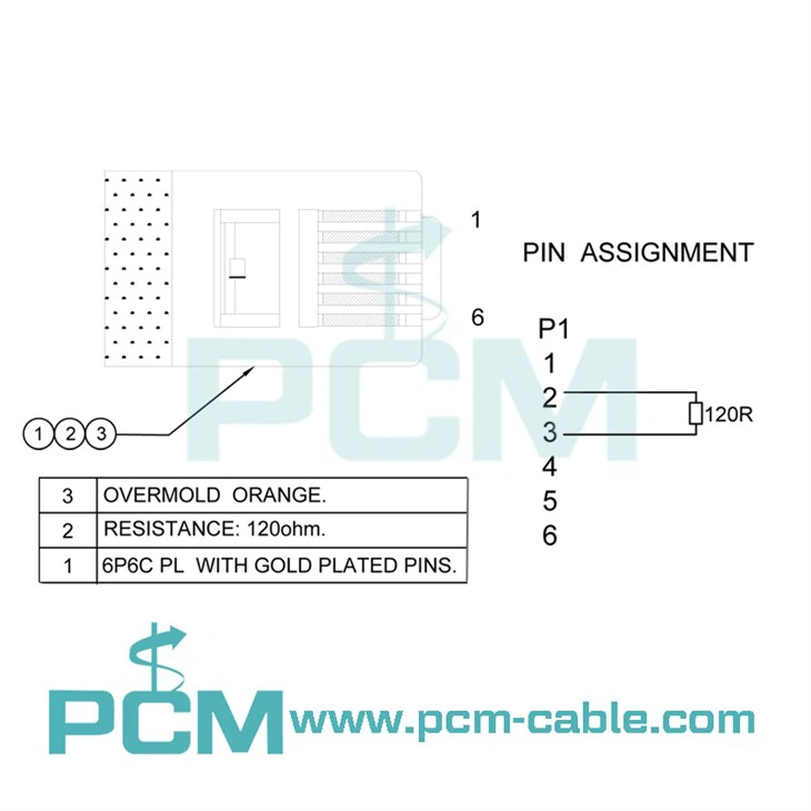 pinout pin assignment drawing of RJ12 6p6c modular plug with resistor pin2 and pin3